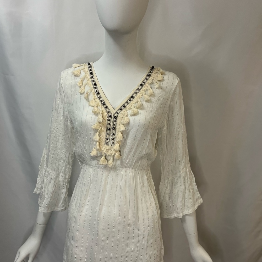 CYN White Boho Tassel Dress Coverup Top with silver shine detail